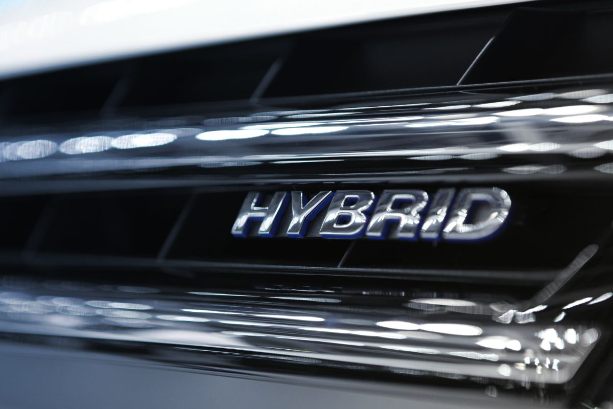 Hybrid written on a car grill